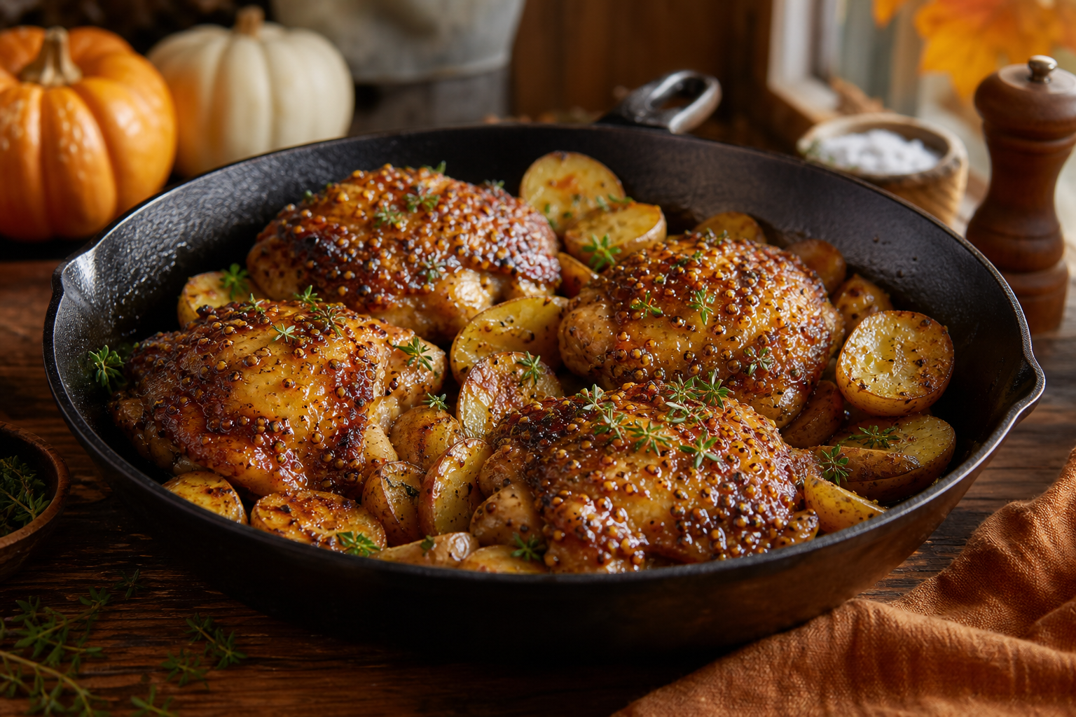 Maple Mustard Cast-Iron Chicken Thighs with Crispy Potatoes